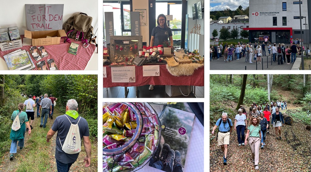 Collage vom Aktionstag Rheuma wandert 2026 – Wandergruppen, Rheumatikum-Stand und Rollator-Parcours